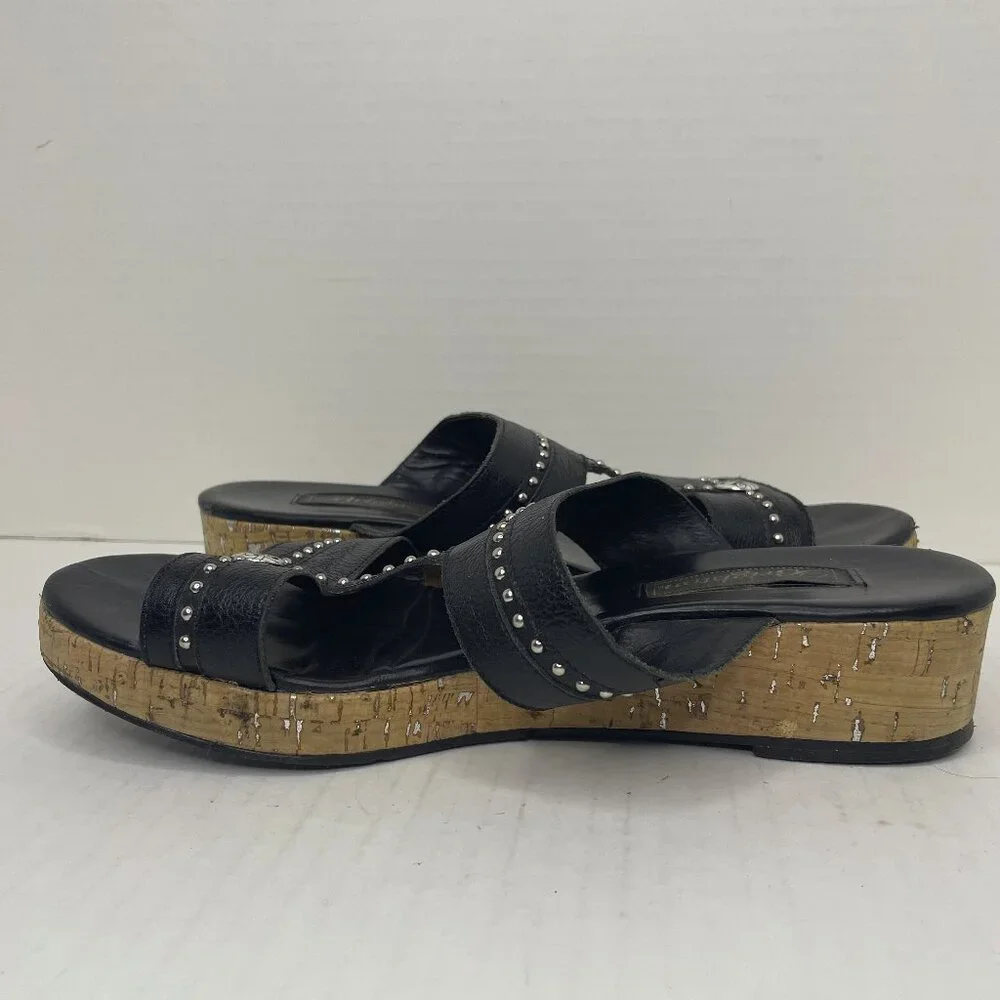 Brighton Sandals Size 9 M Slip On Slides Black Silver Cork Wedge Heel Studded